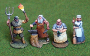 4 villageois : un émeutier, un forgeron, un aubergiste et une femme de ménage